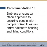 Recommendation 1:  Embrace a kaupapa Māori approach to ensuring people with complex disabilities can enjoy adequate housing and living conditions.  A Monitoring Report on Housing Experiences of People with Complex disabilities in Aotearoa New Zealand from Family, Whānau and Close Supporter Perspective 15/23