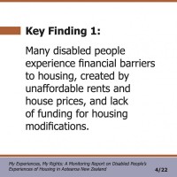 Key Finding 1:  Many disabled people experience financial barriers to housing, created by unaffordable rents and house prices, and lack of funding for housing modifications.  My Experiences, My Rights: A Monitoring Report on Disabled People’s Experiences of Housing in Aotearoa New Zealand 4/22 